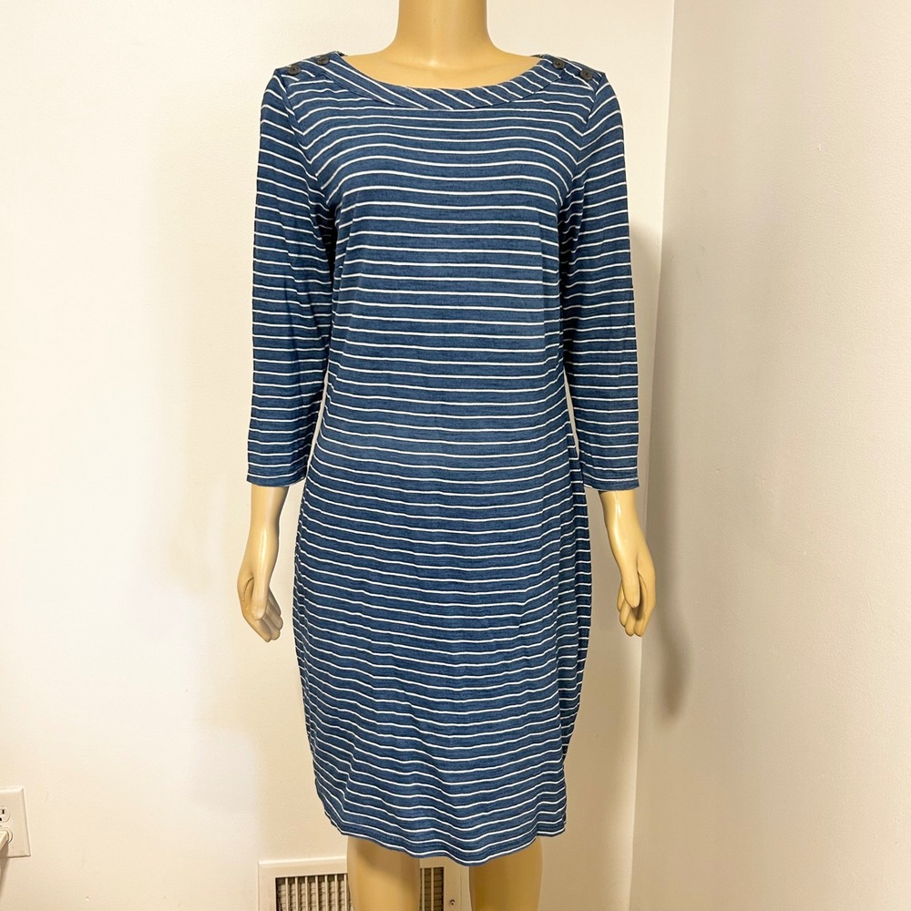 Talbots Womens Blue White Striped Boat Neck Sheath Dress Shoulder Buttons L‎